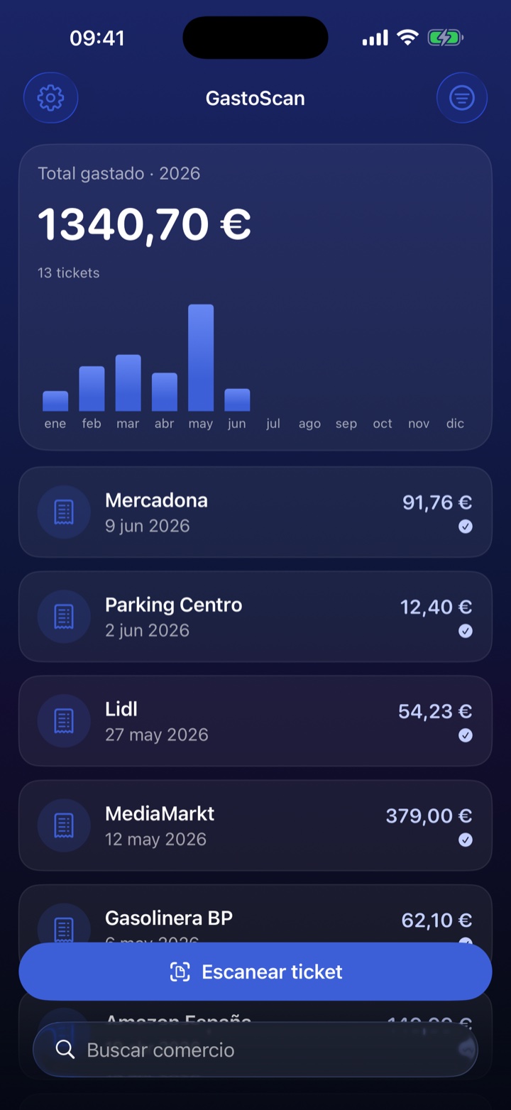 Pantalla principal de GastoScan: total gastado en el año, gráfico mensual y lista de tickets escaneados